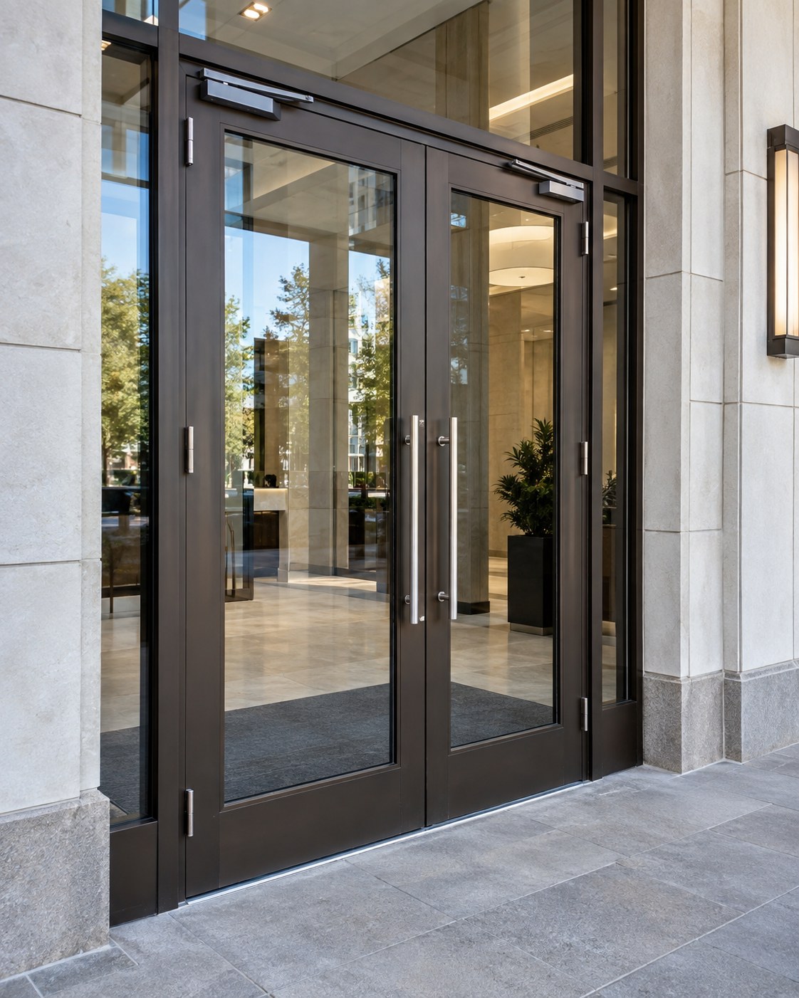 Commercial office entrance with aluminum framed glass doors and stainless steel hardware